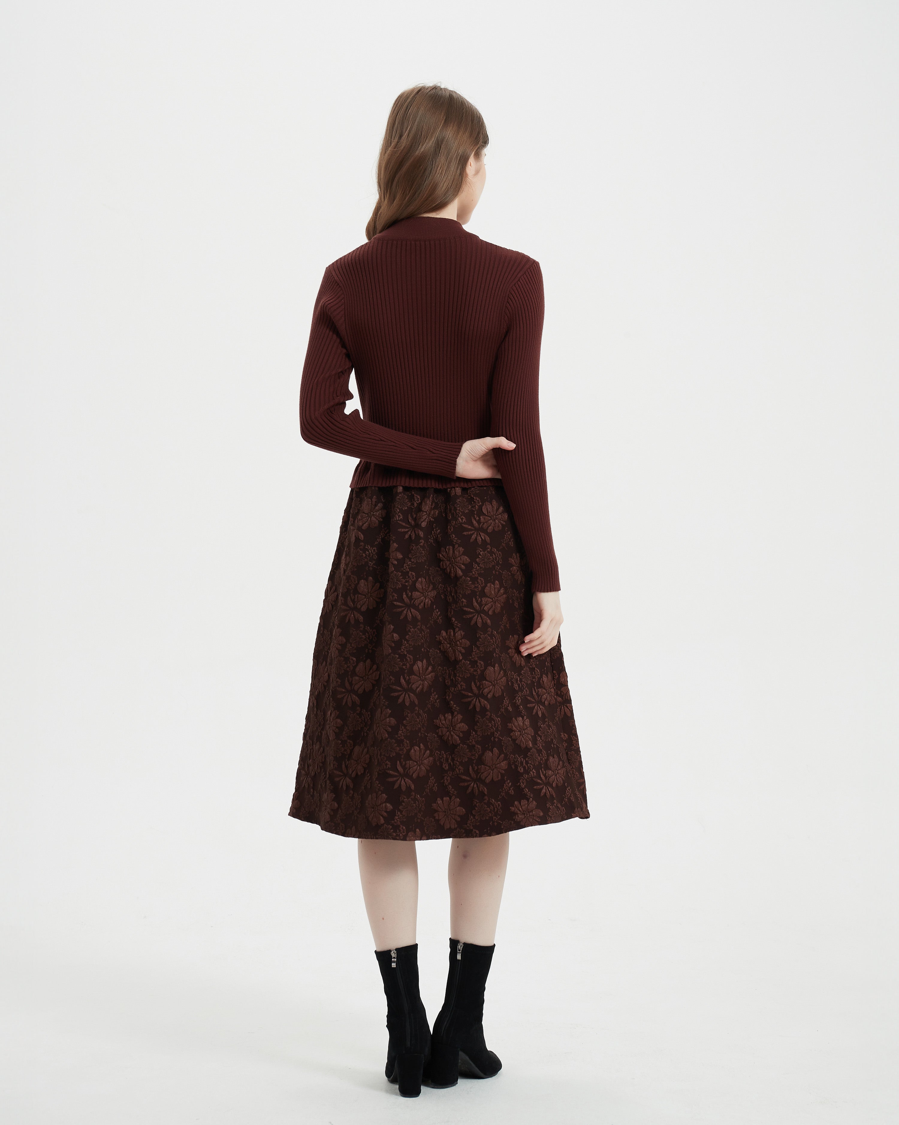 Long-Sleeve Floral A-Line Midi-Dress